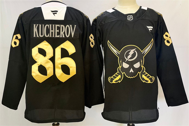 Tampa Bay Lightning #86 Nikita Kucherov 2024-25 Black Gasparilla Inspired Pirate-Themed Warmup Stitched Jersey - Zenithce