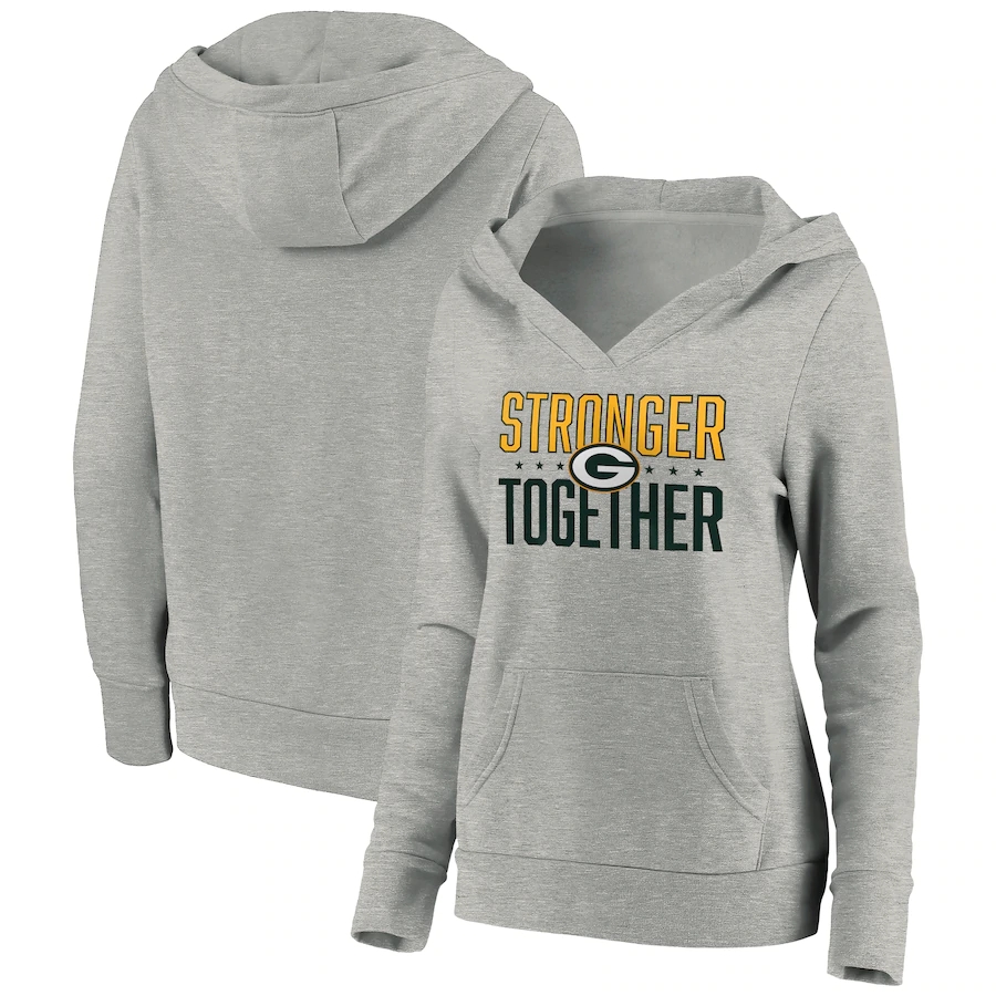 Women's Green Bay Packers Heather Gray Stronger Together Crossover Neck Pullover Hoodie(Run Small) - Zenithce