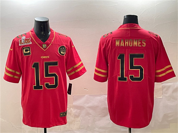 Kansas City Chiefs #15 Patrick Mahomes Red Gold 2025 Super Bowl LIX Patch And 4-Star C Patch Vapor Untouchable Limited Stitched Jersey - Zenithce