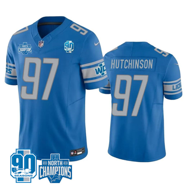 Detroit Lions #97 Aidan Hutchinson Blue 2023 90th Anniversary North Division Champions Patch Limited Stitched Jersey - Zenithce