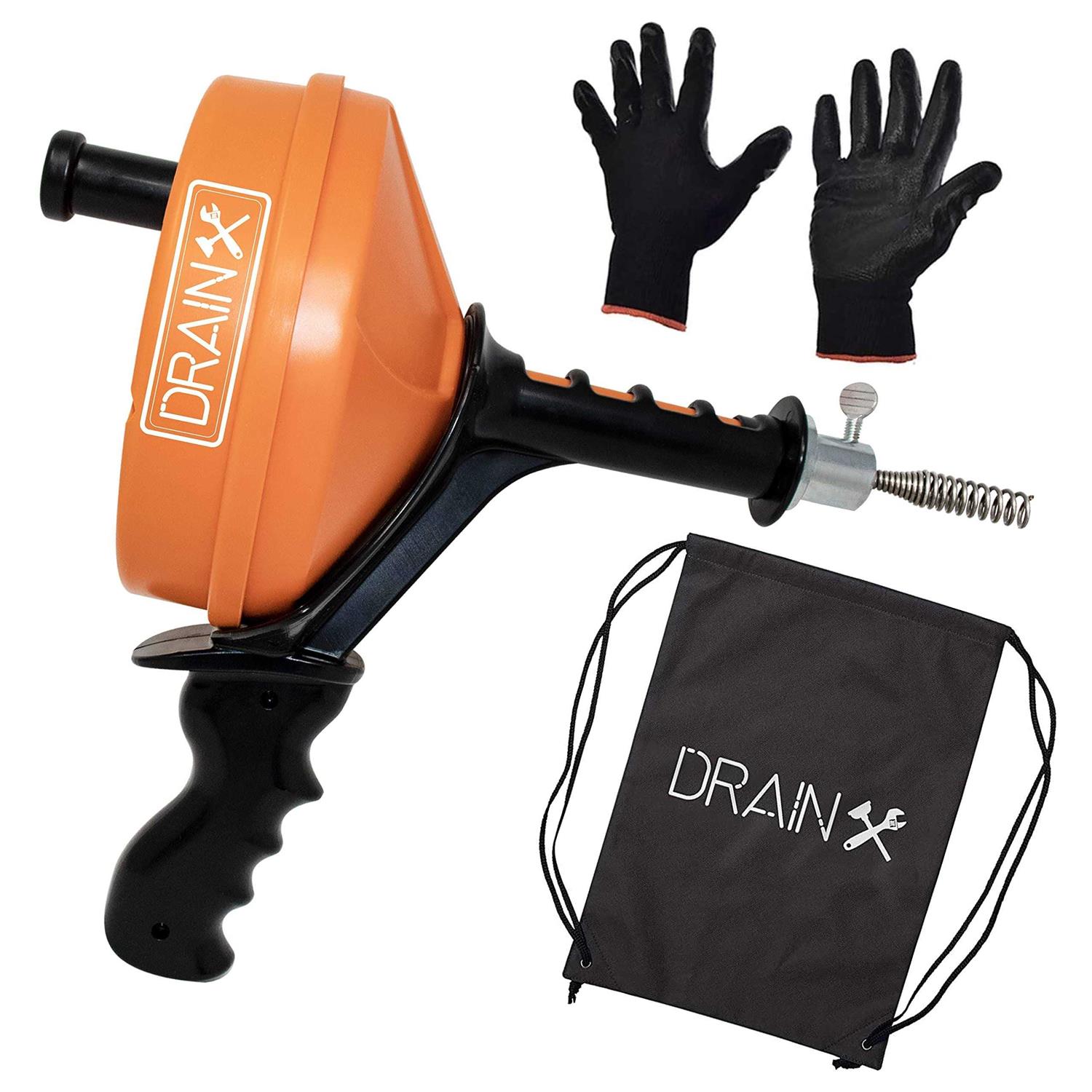 Drainx Heavy-Duty-Steel Pro Drum Drain Auger, 25 Ft., with Work Gloves and Carrying Pouch - Zenithce