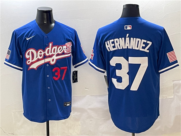 Los Angeles Dodgers #37 Teoscar Hernández Royal With American Flag Patch Limited Stitched Jersey - Zenithce