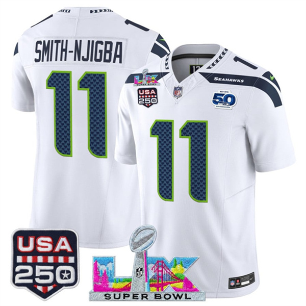 Seattle Seahawks #11 Jaxon Smith-Njigba White 2025 F.U.S.E. Super Bowl LX Patch And 50th Season USA 250' Patch Vapor Limited Stitched Jersey - Zenithce