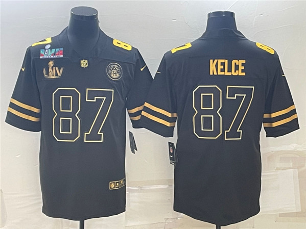 Kansas City Chiefs #87 Travis Kelce Black Golden Super Bowl LV And Super Bowl LVII Patch And 4-Star C Patch Vapor Untouchable Limited Stitched Jersey - Zenithce