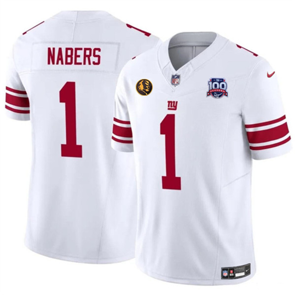 New York Giants #1 Malik Nabers White 2024 Draft F.U.S.E. With John Madden Patch And 100TH Season Patch Vapor Untouchable Limited Stitched Jersey - Zenithce