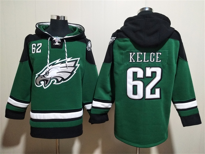 Philadelphia Eagles #62 Jason Kelce Green Lace-Up Pullover Hoodie - Zenithce