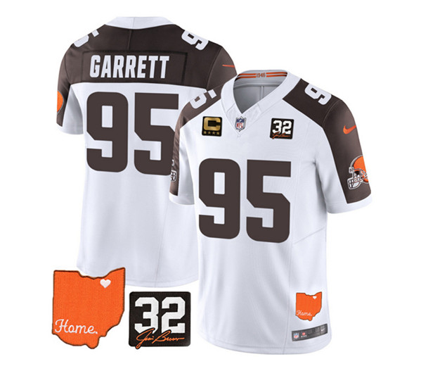 Cleveland Browns #95 Myles Garrett White Brown 2023 F.U.S.E. With Jim Brown Memorial Patch And 4-Star C Patch Vapor Untouchable Limited Stitched Jersey - Zenithce