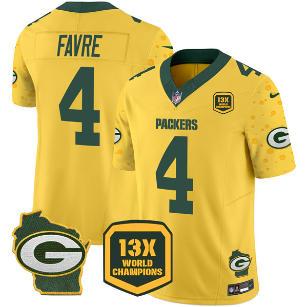 Green Bay Packers #4 Brett Favre Gold 2024 F.U.S.E. 13 Time World Champions And Home Patch Vapor Untouchable Limited Stitched Jersey - Zenithce