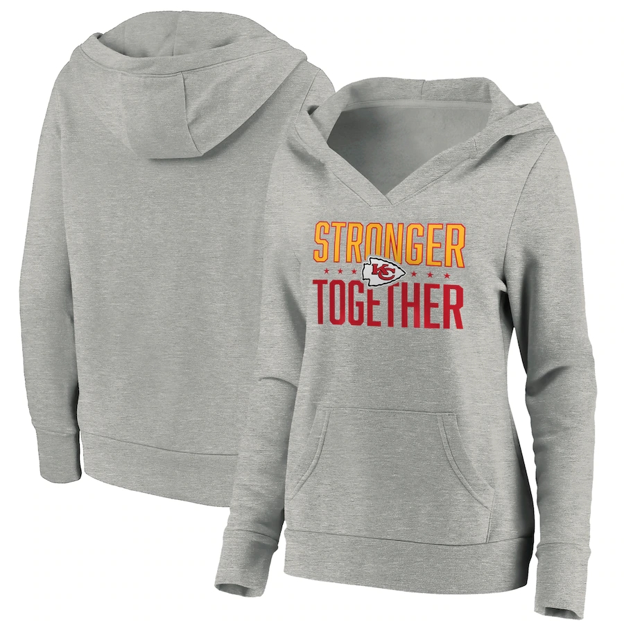 Women's Kansas City Chiefs Heather Gray Stronger Together Crossover Neck Pullover Hoodie(Run Small) - Zenithce