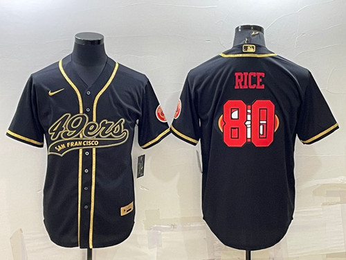 San Francisco 49ers #80 Jerry Rice Black Gold Team Big Logo With Patch Cool Base Stitched Baseball Jersey - Zenithce