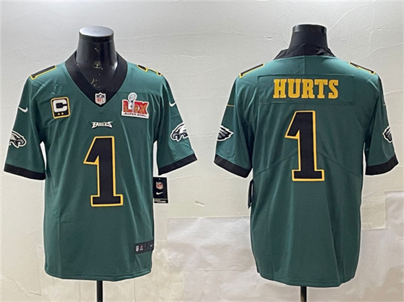 Philadelphia Eagles #1 Jalen Hurts Green Golden 2025 Super Bowl LIX Patch And 2-Star C Patch Vapor Untouchable Limited Stitched Jersey - Zenithce