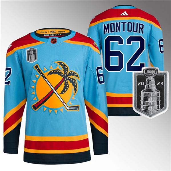 Florida Panthers #62 Brandon Montour Blue 2023 Stanley Cup Final Reverse Retro Stitched Jersey - Zenithce