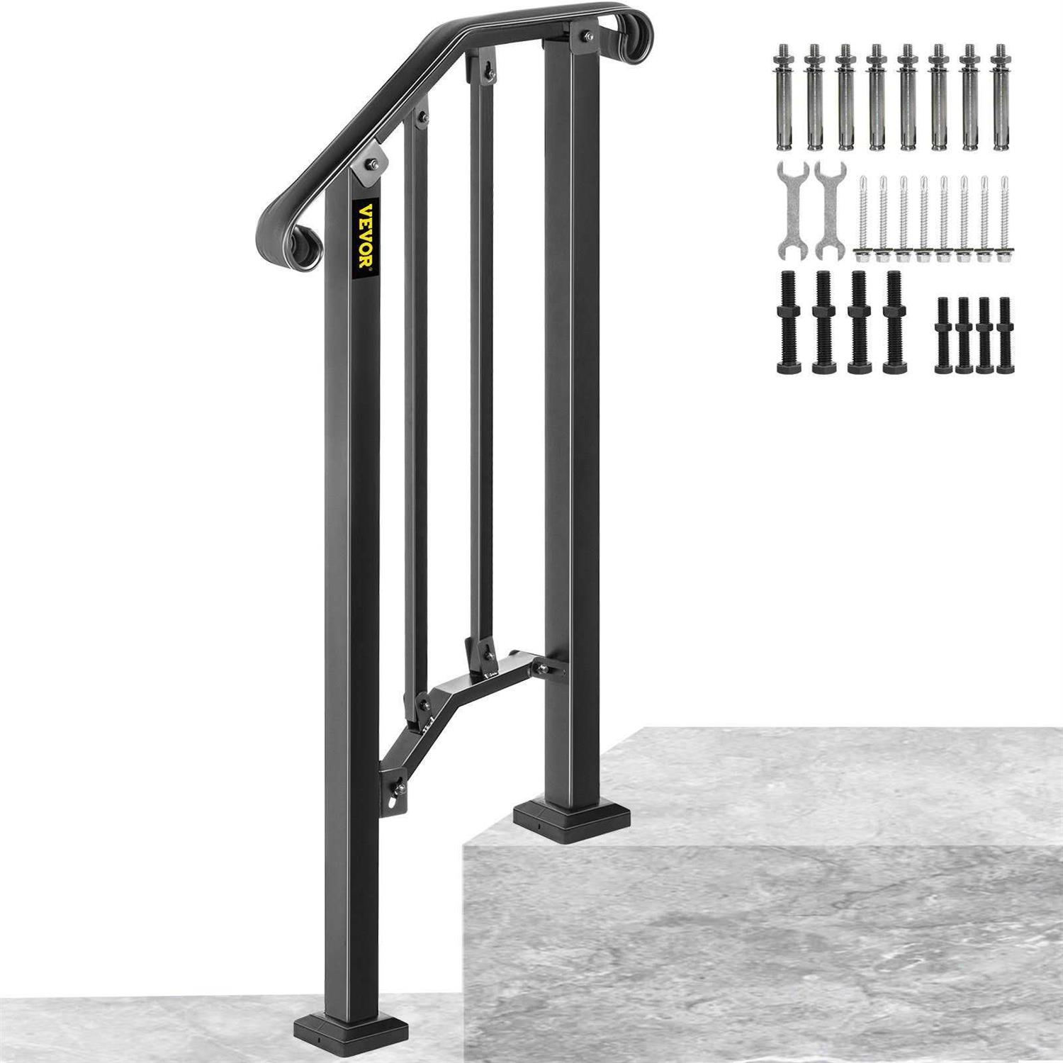 VEVOR Handrails for Outdoor Steps 2-3 Step Single Post Handrail Wrought Iron Handrail for Steps LTFS2BBGTYMLFS001V0 - Zenithce