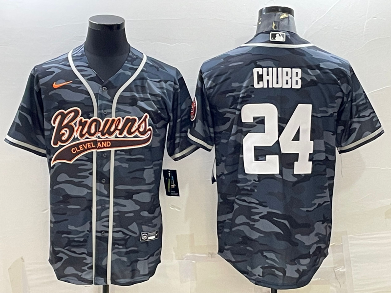 Cleveland Browns #24 Nick Chubb Grey Camo With Patch Cool Base Stitched Baseball Jersey - Zenithce