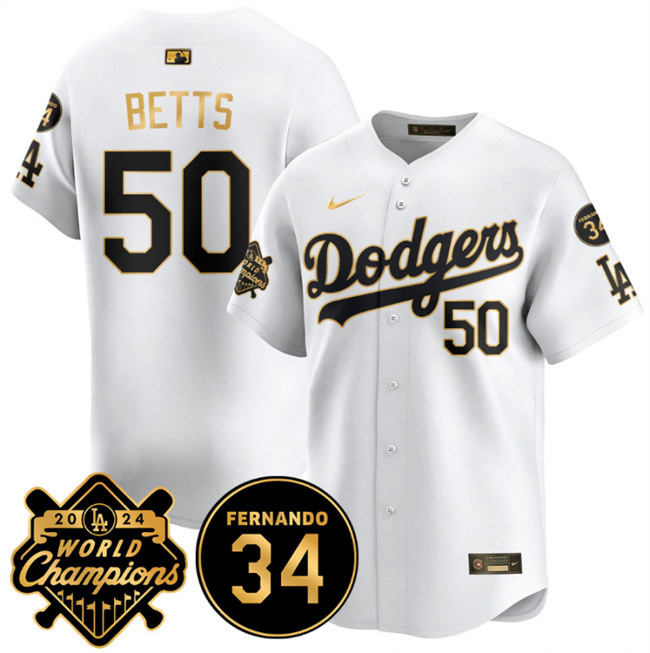 Los Angeles Dodgers #50 Mookie Betts White Gold 2024 World Champions Fernando Memorial Patch Vapor Premier Limited Stitched Jersey - Zenithce