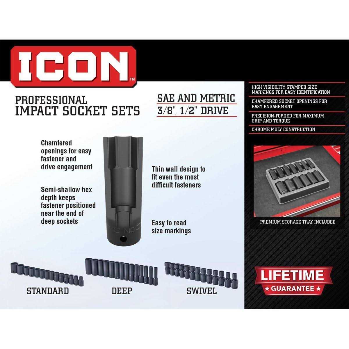 Icon 3/8 in. Drive SAE Professional Hex Bit Socket Set - Zenithce