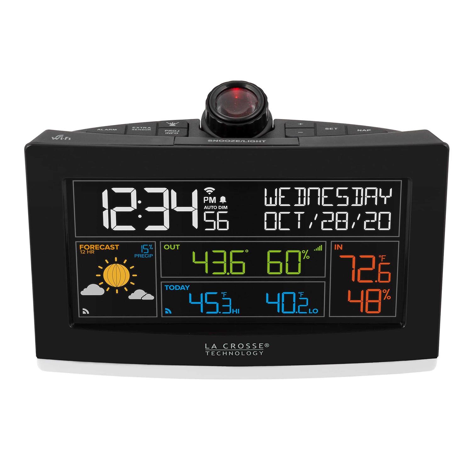 Projection Alarm Clock for Bedrooms with Weather Station Indoor Outdoor Thermometer Wireless Humidity Monitor with Atomic Clock - Zenithce