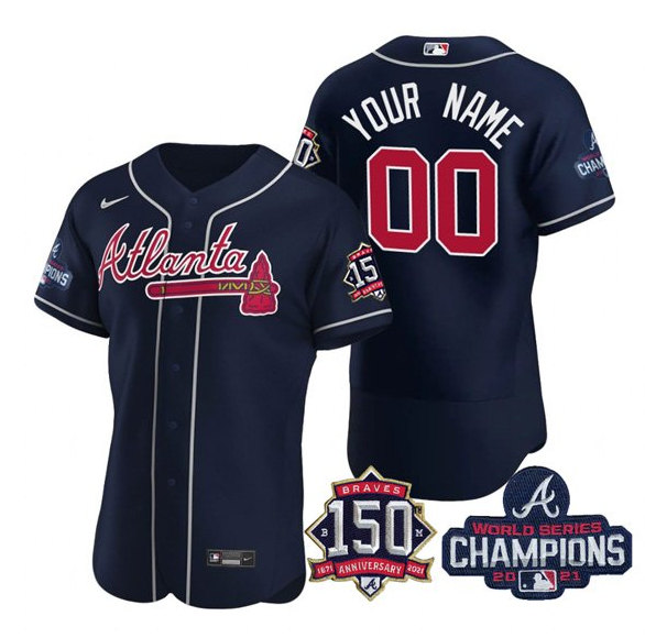 Atlanta Braves Navy Customized Custom 2021 World Series Champions With 150th Anniversary Stitched Jersey - Zenithce