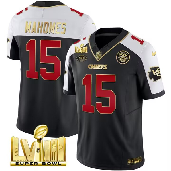 Kansas City Chiefs #15 Patrick Mahomes Black White 2024 F.U.S.E. Super Bowl LVIII Patch With 