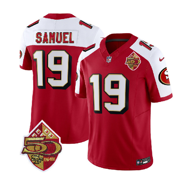 San Francisco 49ers #19 Deebo Samuel Red White 2023 F.U.S.E. 50th Patch Throwback Stitched Jersey - Zenithce