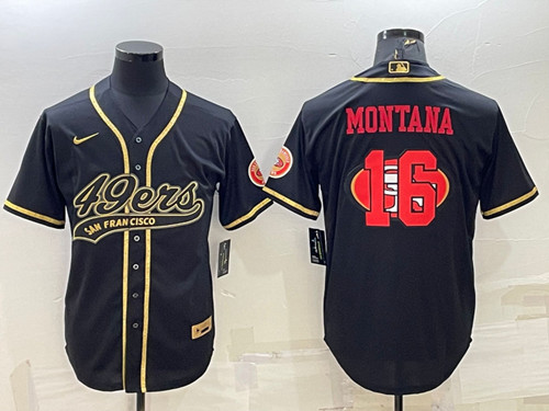 San Francisco 49ers #16 Joe Montana Black Gold Team Big Logo With Patch Cool Base Stitched Baseball Jersey - Zenithce