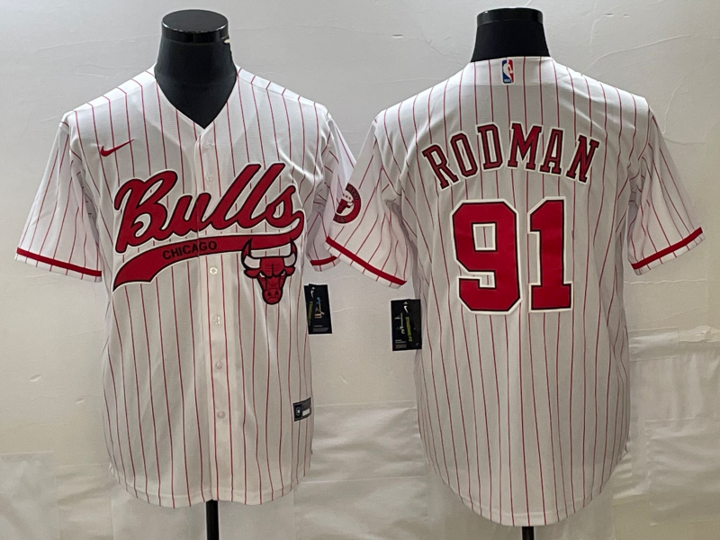Chicago Bulls #91 Dennis Rodman White Pinstripe Cool Base Stitched Baseball Jersey - Zenithce