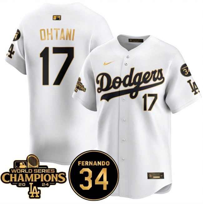 Los Angeles Dodgers #17 Shohei Ohtani White Gold 2024 World Series Champions Fernando Memorial Patch Vapor Premier Limited Stitched Jersey - Zenithce