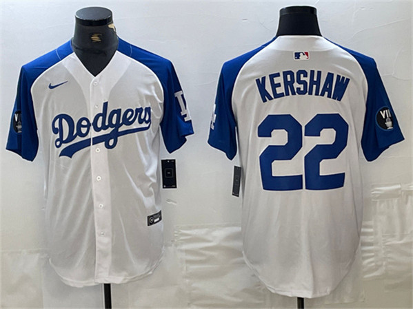 Los Angeles Dodgers #22 Clayton Kershaw White Blue Vin Patch Cool Base Stitched Jersey - Zenithce