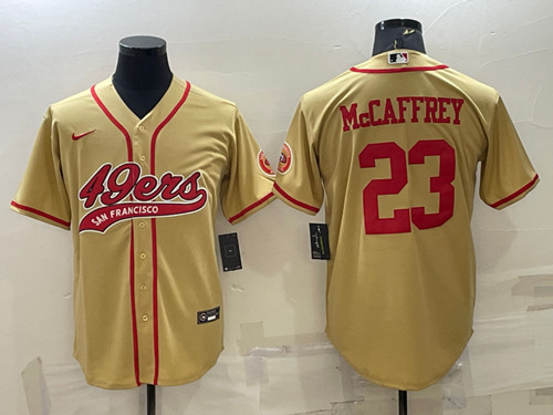 San Francisco 49ers #23 Christian McCaffrey Gold With Patch Cool Base Stitched Baseball Jersey - Zenithce