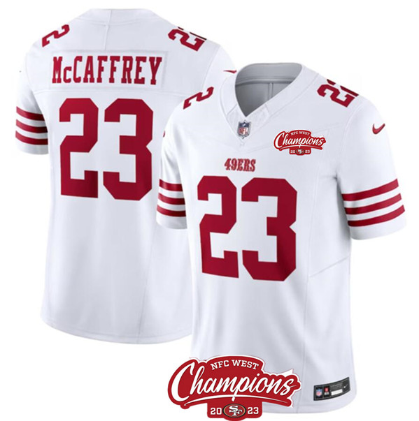 San Francisco 49ers #23 Christian McCaffrey White 2023 F.U.S.E. NFC West Champions Patch Stitched Jersey - Zenithce