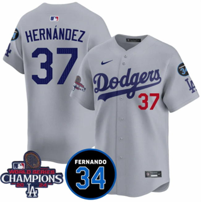 Los Angeles Dodgers #37 Teoscar Hernandez Gray 2024 World Series Champions With Fernando Memorial Patch Vapor Premier Limited Stitched Jersey - Zenithce