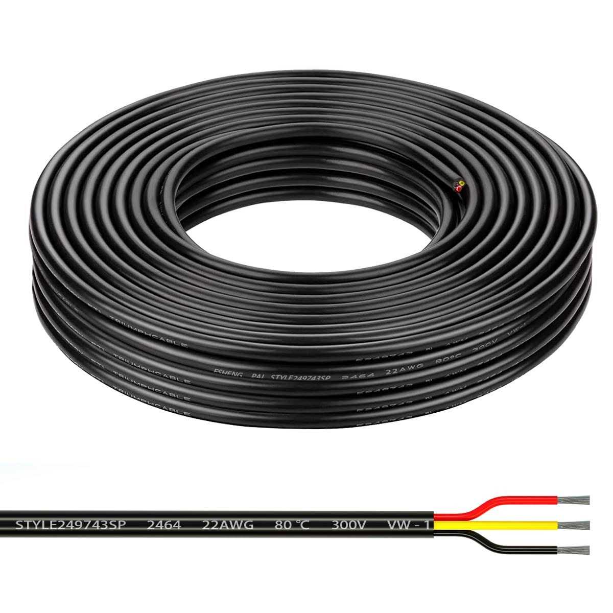 Gauge Electrical Wire 3 Conductor Black PVC Case Stranded Low Voltage LED Cable - Zenithce