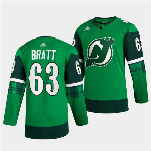 New Jersey Devils #63 Jesper Bratt Green Warm-Up St Patricks Day Stitched Jersey - Zenithce