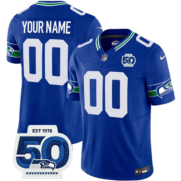 Seattle Seahawks Custom Royal 2025 F.U.S.E 50th Anniversary Patch Throwback Vapor Limited Stitched Jersey - Zenithce