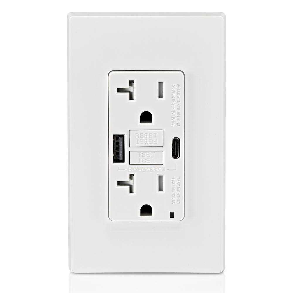 Leviton GUAC1-W 15A SmartlockPro Self-Test GFCI Combination 24W Type A/C USB In-Wall Charger Outlet - Zenithce