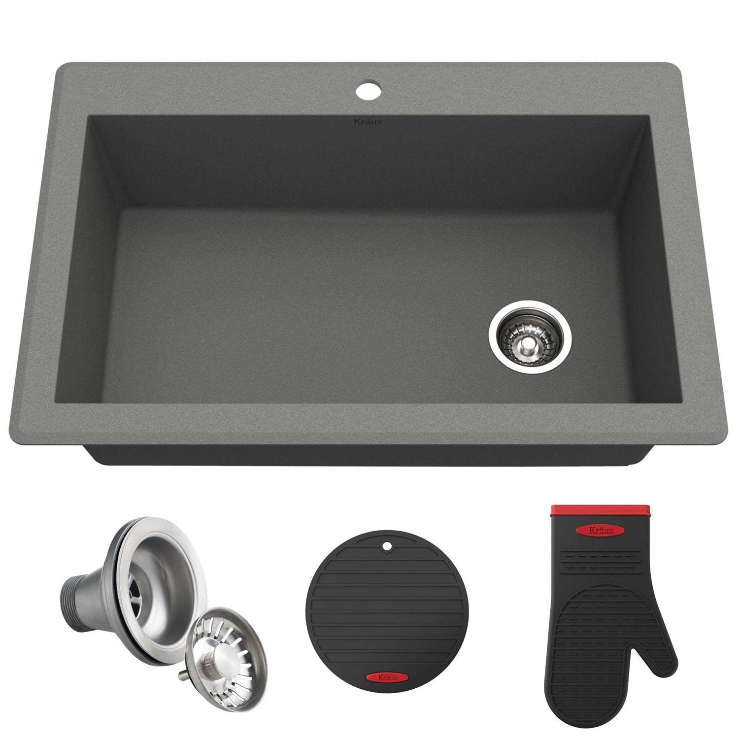 Kraus Forteza 33 Dual Mount 50/50 Double Bowl Granite Kitchen Sink in Grey KGD-52GREY - Zenithce
