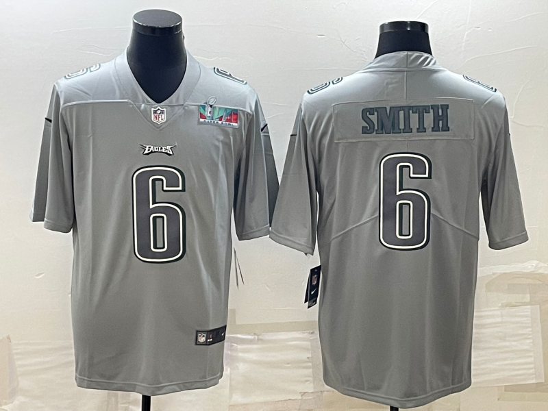 Philadelphia Eagles #6 DeVonta Smith Gray Super Bowl LVII Patch Atmosphere Fashion Stitched Jersey - Zenithce