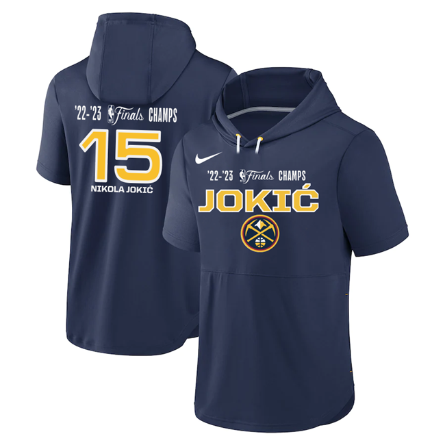 Denver Nuggets #15 Nikola Jokic Navy Performance Short Sleeve Pullover Hoodie - Zenithce