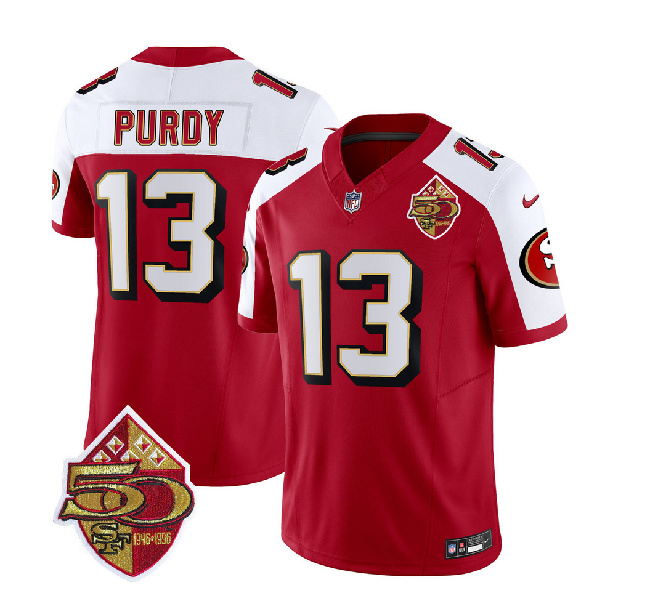San Francisco 49ers #13 Brock Purdy Red White 2023 F.U.S.E. 50th Patch Throwback Stitched Jersey - Zenithce