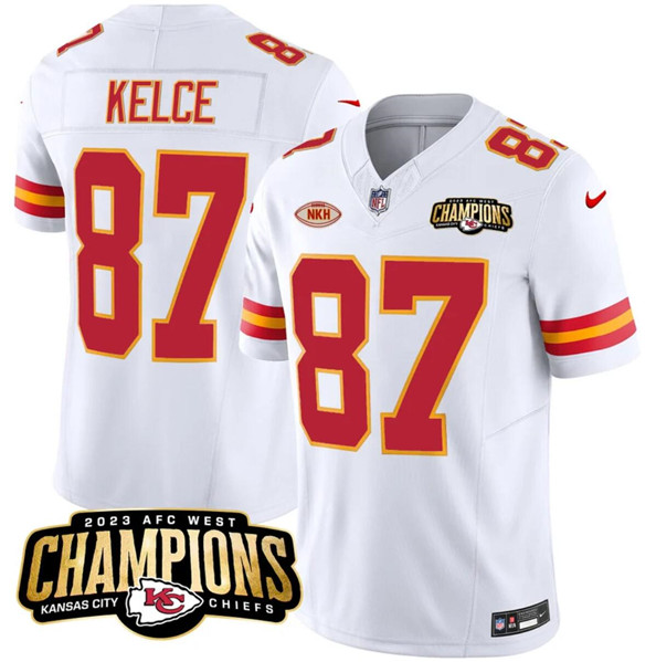 Kansas City Chiefs #87 Travis Kelce White 2023 F.U.S.E. AFC West Champions With 