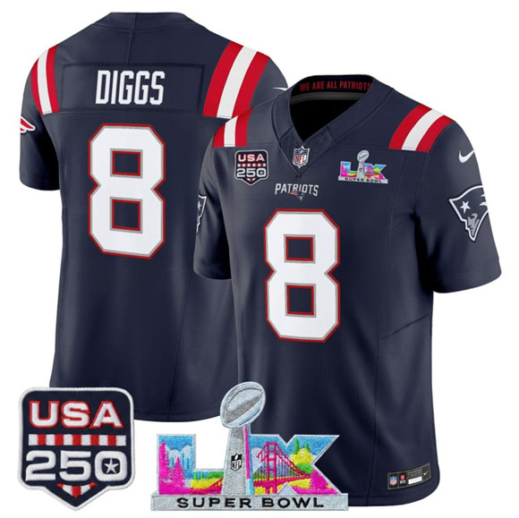 New England Patriots #8 Stefon Diggs Navy 2025 F.U.S.E. Super Bowl LX Patch And USA 250' Patch Vapor Limited Stitched Jersey - Zenithce