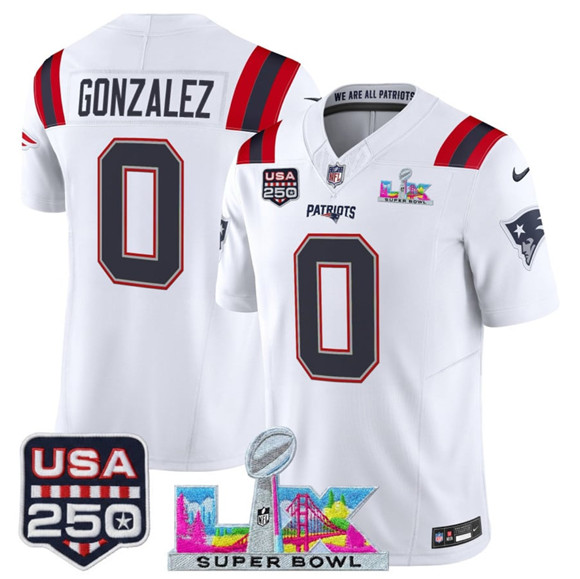 New England Patriots #0 Christian Gonzalez White 2025 F.U.S.E. Super Bowl LX Patch And USA 250' Patch Vapor Limited Stitched Jersey - Zenithce