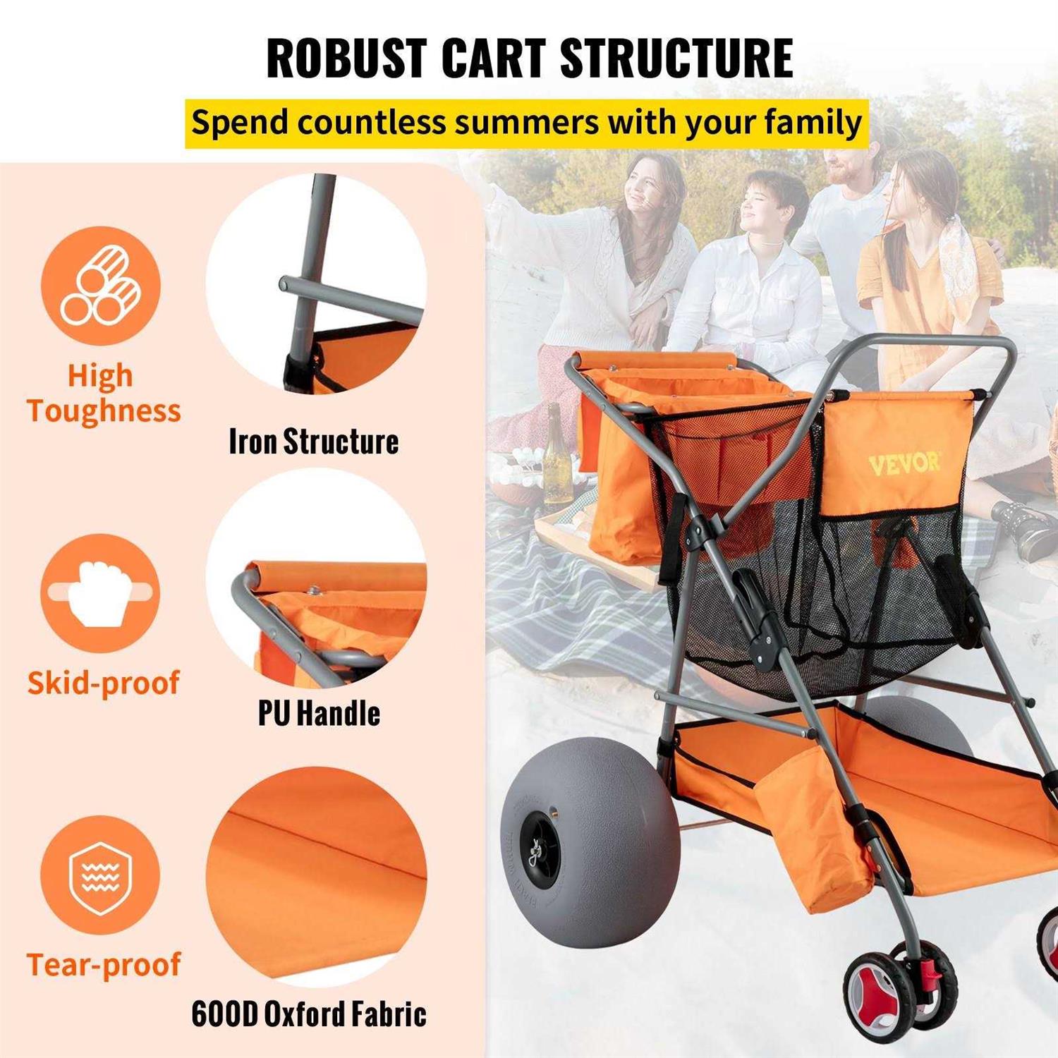 VEVOR Beach Cart for Sand 12 All-Terrain Balloon Wheels 350 lbs Beach Wonder Wheeler KZDST41X33X27DFUGV0 - Zenithce