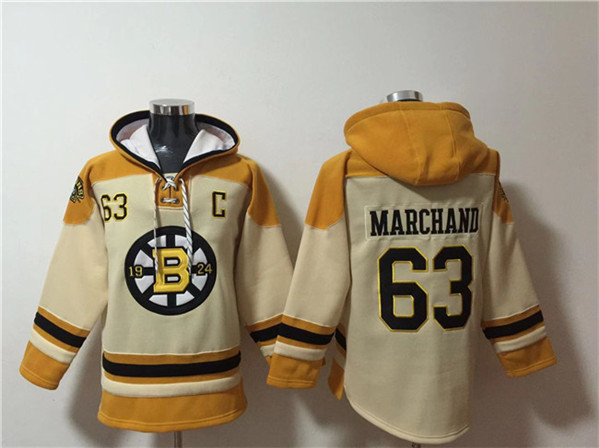 Boston Bruins #63 Brad Marchand Cream Ageless Must-Have Lace-Up Pullover Hoodie - Zenithce