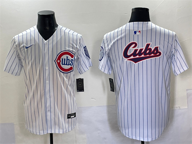 Chicago Cubs Team Big Logo White Pinstripe 2nd Alternate Limited Stitched Jersey - Zenithce