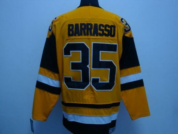 Penguins #35 Tom Barrasso Stitched Mitchell Ness Yellow Jersey - Zenithce