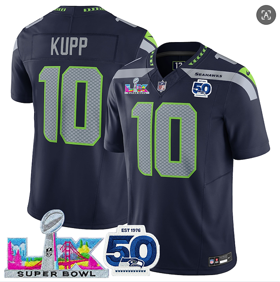 Seattle Seahawks #10 Cooper Kupp Navy 2025 F.U.S.E. Super Bowl LX Patch And 50th Season Patch Vapor Limited Stitched Jersey - Zenithce