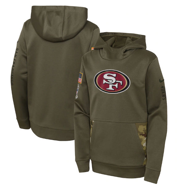 Youth San Francisco 49ers 2022 Olive Salute To Service Therma Performance Pullover Hoodie - Zenithce