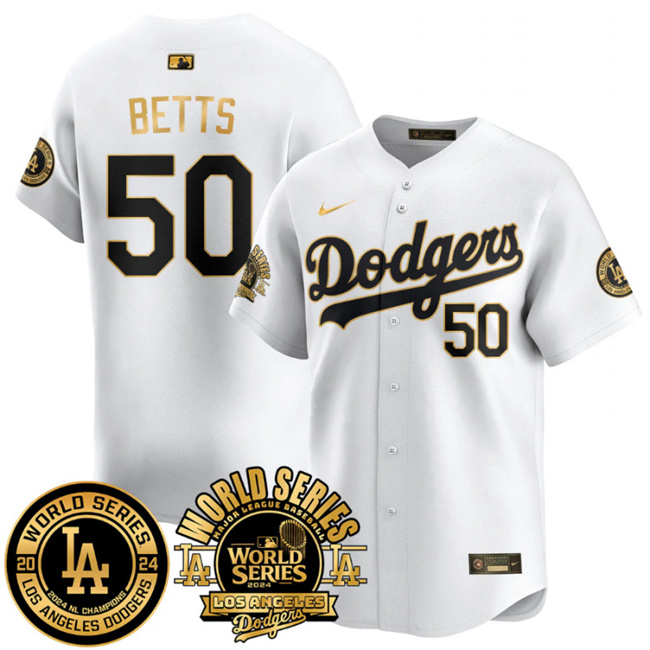 Los Angeles Dodgers #50 Mookie Betts White Gold 2024 World Series Patch Vapor Premier Limited Stitched Jersey - Zenithce