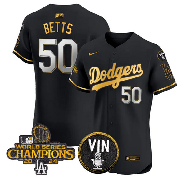Los Angeles Dodgers #50 Mookie Betts Black Gold 2024 World Series Champions With Vin Patch Vapor Limited Stitched Jersey - Zenithce